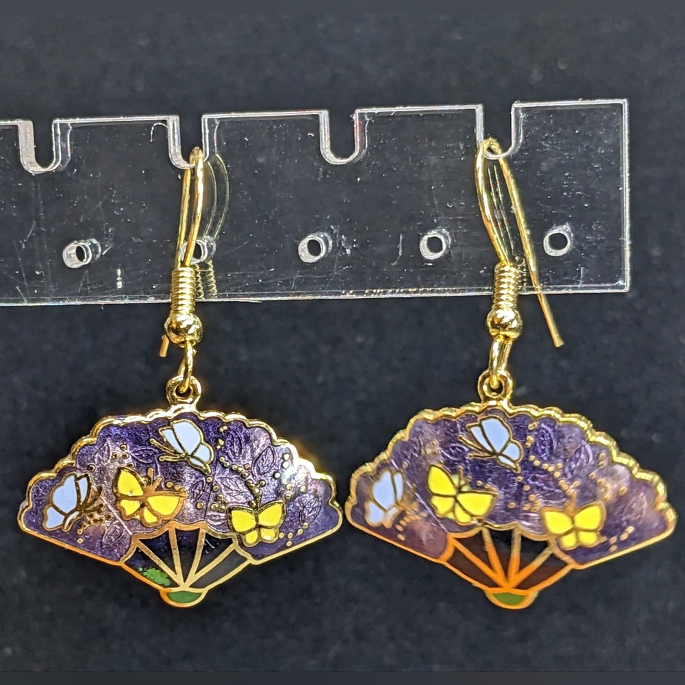 Vintage Cloisonne Fan & Butterfly Earrings, Wirehook Pierced, NOS NWT